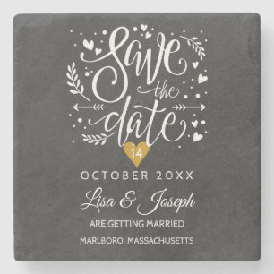 Dessous-de-verre En Pierre Gold Heart Chalkboard Enregistrer la date