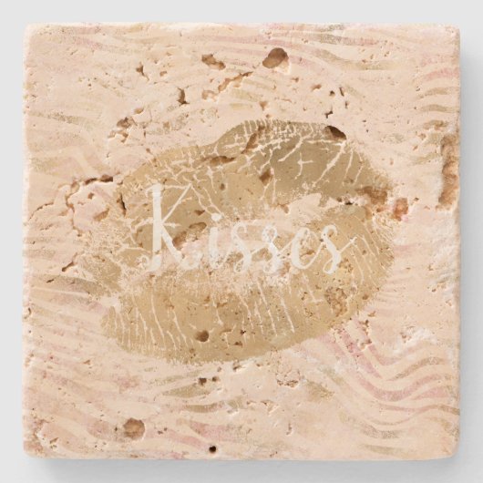 Dessous-de-verre En Pierre Gold Lips Kiss rose Zebra Print (Devant)