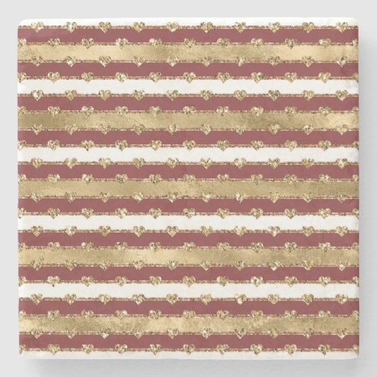 Dessous-de-verre En Pierre Gold Red White Stripes Parties scintillant Coeurs (Devant)