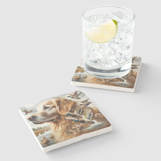 Dessous-de-verre En Pierre Golden Retriever Avec Canards Majards (Côté)