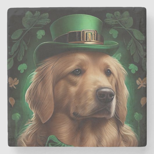 Dessous-de-verre En Pierre Golden Retriever Dog in St. Patrick's Day (Devant)