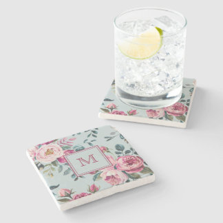 Dessous-de-verre En Pierre Grandmillennial Rose Poussiéreuse Florale Monogram