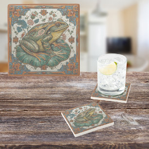 Dessous-de-verre En Pierre Grenouille en cloisonné sur feuille de nénuphar