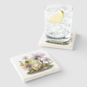 Dessous-de-verre En Pierre Grenouille mignonne en fleurs