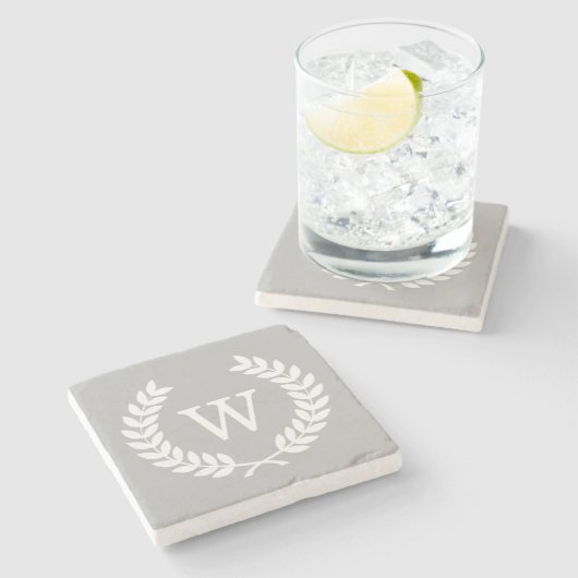 Dessous-de-verre En Pierre Gris Blanc Blé Laurel Wreath Initial Monogramme (Côté)