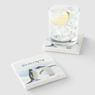 Dessous-de-verre En Pierre Gros câlin Penguin sur la glace photo avec texte