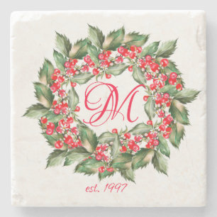 Dessous-de-verre En Pierre Guirlande de baies de Noël de monogramme