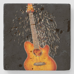 Dessous-de-verre En Pierre Guitare Brown Dorée Avec Feu D'Oeuvre,