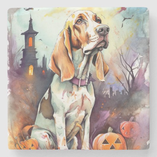 Dessous-de-verre En Pierre Halloween Basset Hound Avec Crainte Citrouille (Devant)