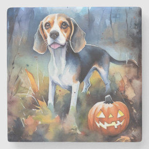 Dessous-de-verre En Pierre Halloween Beagle avec citrouilles effrayant