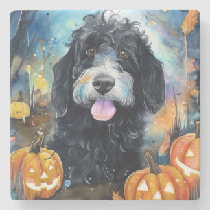 Dessous-de-verre En Pierre Halloween Bernedoodle Avec La Peur Citrouille