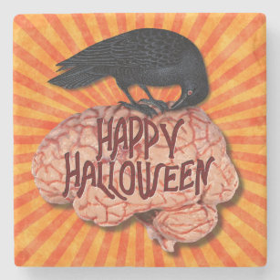 Dessous-de-verre En Pierre Halloween - Corbeau Déplaisant sur le cerveau