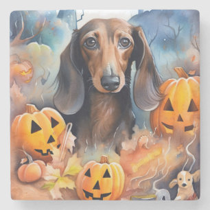 Dessous-de-verre En Pierre Halloween Dachshund Avec La Peur Citrouille