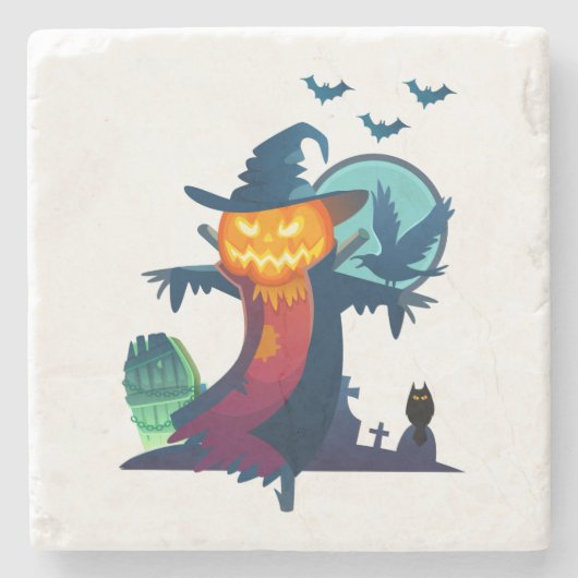 Dessous-de-verre En Pierre Halloween Épouvantail Hanté Avec Chauve-Feu Et Un (Devant)