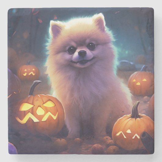 Dessous-de-verre En Pierre Halloween Pomeranian With Pumpkins Scary (Devant)