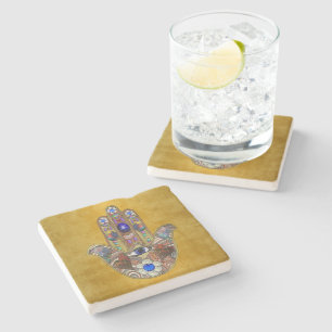 Dessous-de-verre En Pierre Hamsa Cœurs Fleurs Opale Art sur Or