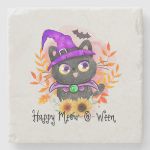 Dessous-de-verre En Pierre Happy Meow-o-ween -Chat Sorcière Noire