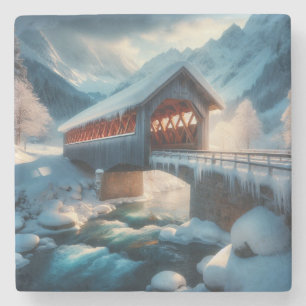 Dessous-de-verre En Pierre Hiver, pont enneigé et rivière