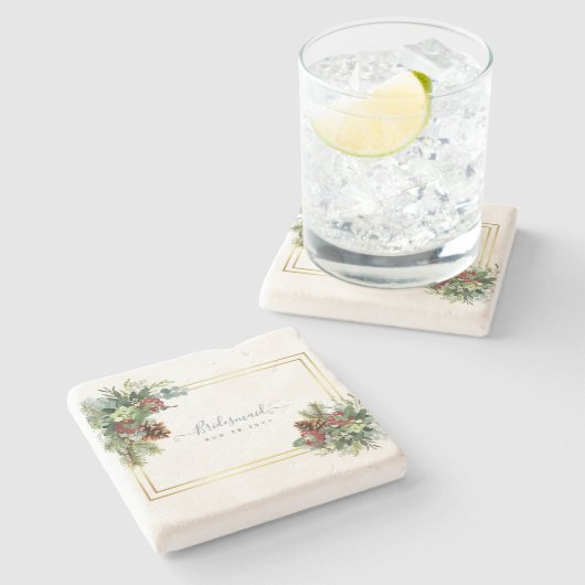 Dessous-de-verre En Pierre Hiver Red Berries Pine Cones Mariage (Côté)