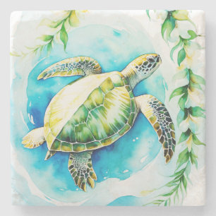 Dessous-de-verre En Pierre Honu hawaïen avec plumeria et aquarelle de maïs