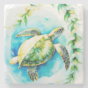 Dessous-de-verre En Pierre Honu hawaïen avec plumeria et aquarelle de maïs