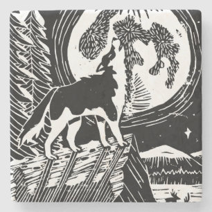 Dessous-de-verre En Pierre Husky Howling noir et blanc à Night Linocut