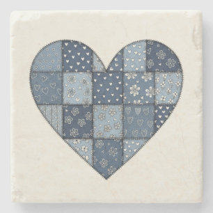 Dessous-de-verre En Pierre Illustration de cœur en patchwork de denim bleu ru