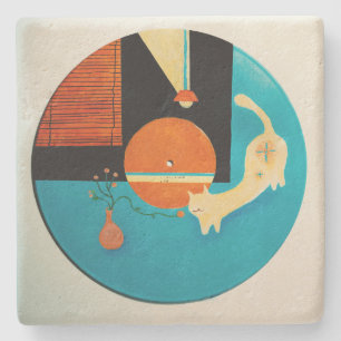Dessous-de-verre En Pierre Illustration de disque rétro de chat qui s'étire