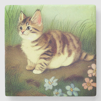 Dessous-de-verre En Pierre Illustration vintage Kitten avec fleurs