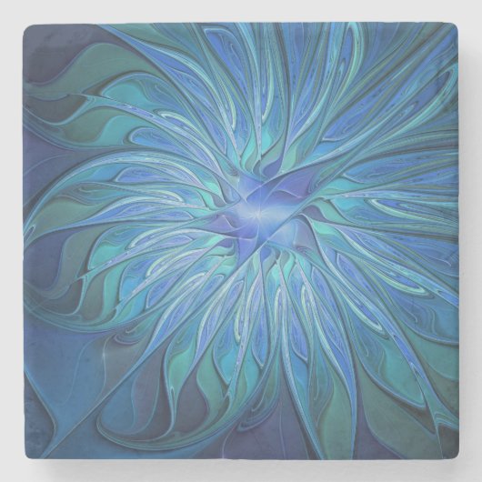Dessous-de-verre En Pierre Imaginaire Fleur Bleue Motif, Art Fractal Abstrait (Devant)