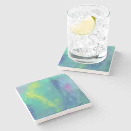 Dessous-de-verre En Pierre Impressionniste gai Abstrait en vert et bleu (Côté)