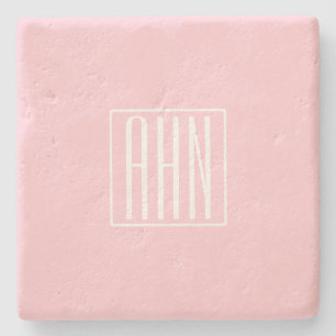 Dessous-de-verre En Pierre Initiales Monogramme   Blanc Sur Rose Clair