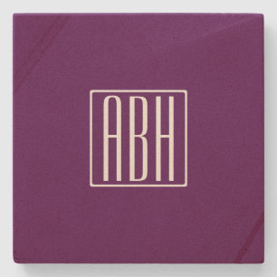 Dessous-de-verre En Pierre Initiales Monogramme Blanc Sur Violet Foncé