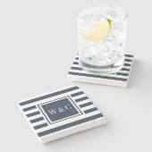Dessous-de-verre En Pierre Initiales Monogramme de Style Bleu Nuit Rayure Bla (Côté)