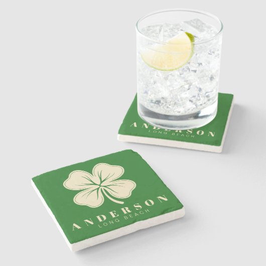 Dessous-de-verre En Pierre Irlandais Lucky Four Leaf Clover avec le nom vert (Côté)