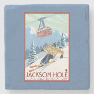 Dessous-de-verre En Pierre Jackson Hole, skieur du Wyoming et tram