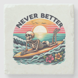 Dessous-de-verre En Pierre Jamais mieux - Skeleton Surfing Sunset Wave Design