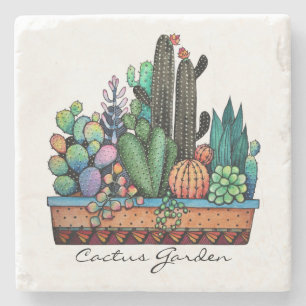 Dessous-de-verre En Pierre Jardin mignon de cactus d'aquarelle dans le pot