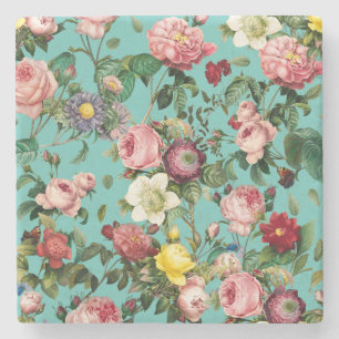 Dessous-de-verre En Pierre Jardin rose vintage en arrière - plan turquoise