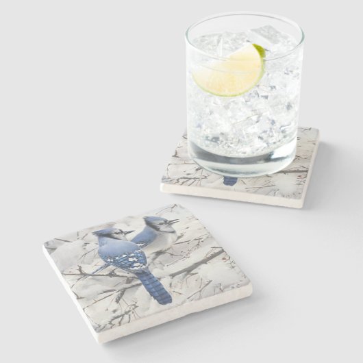 Dessous-de-verre En Pierre Jays bleus dans un arbre à neige (Côté)