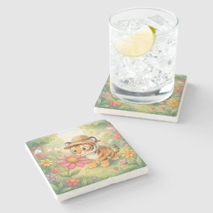 Dessous-de-verre En Pierre Jeune tigre mignon avec chapeau dans le jardin