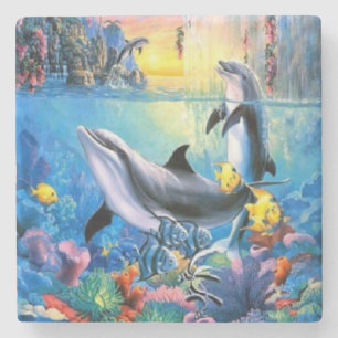 Dessous-de-verre En Pierre Jeunes dauphins jouant à l'art fin