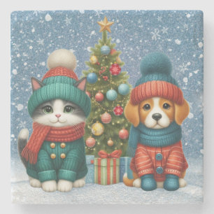 Dessous-de-verre En Pierre Joli chiot de Noël & chaton