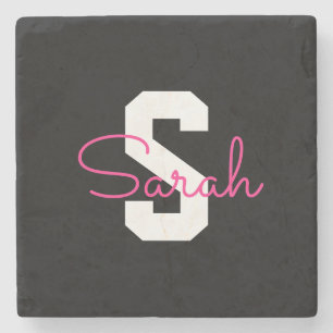 Dessous-de-verre En Pierre Joli nom et monogramme   Noir Blanc et Rose