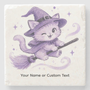 Dessous-de-verre En Pierre Jolie sorcière chat violet sur un balai Halloween