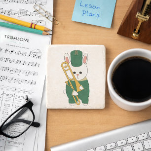 Dessous-de-verre En Pierre Joueur de Trombone Lapin Blanc en Uniforme de Para