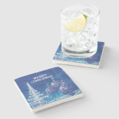 Dessous-de-verre En Pierre Joyeux Noël blanc et bleu Arbres de Noël (Côté)