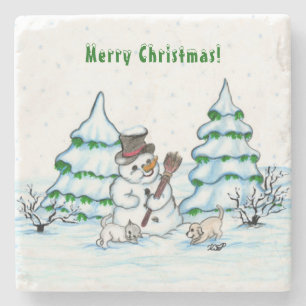 Dessous-de-verre En Pierre Joyeux Noël ! Bonhomme de neige avec chat et chiot
