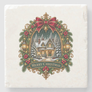 Dessous-de-verre En Pierre Joyeux Noël Cottage enneigé dessous de verre en pi