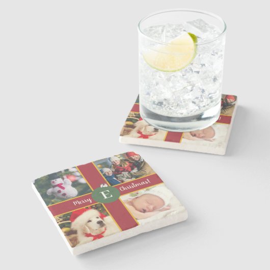 Dessous-de-verre En Pierre Joyeux Noël Famille Photo Rouge Vert Monogramme (Côté)